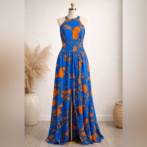 Zara Blue & Orange Floral Maxi Dress Open Back Halter Smocked Waist S